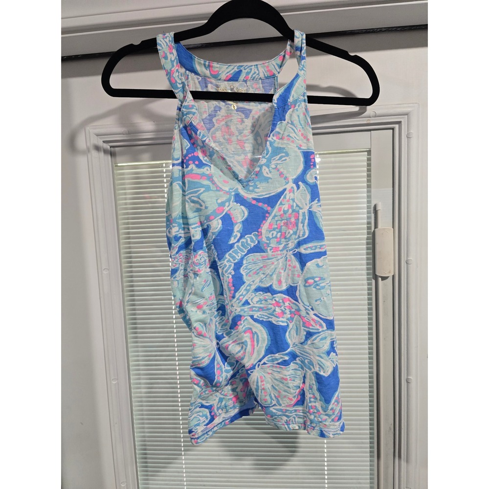 Lilly Pulitzer Blue Pink Sea Turtle Shell Print Racerback Tank Top Medium